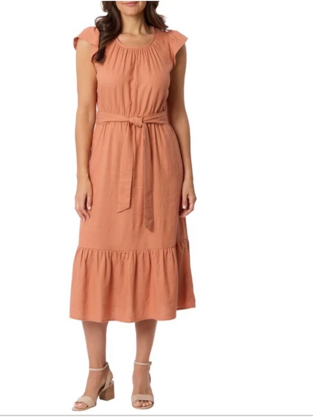Briggs New York Terracotta Cap Sleeves Tie-Waist Midi Dress